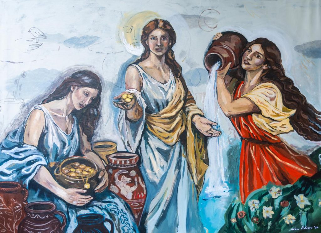 “Izvor/Izbor”
Akril, 210x150 cm, Belgrade Legacy Ball, 2026.
Svaki čin darivanja osnažuje, povezuje i stvara
trajnu vrednost koja prevazilazi vreme i
materiju: Figure predstavljene na radu
simbolizuju obrasce ljudskih odnosa: davaoci,
razmenjivači i uzimatelji. Dok su ćupovi simbol
unutrašnjeg sveta i nasleđa.
Milica Babović